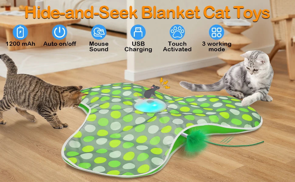 Smart Interactive Hide-and-Seek Cat Toy – Motion-Activated Squeaky Mouse & Feather Teaser for Indoor Cats