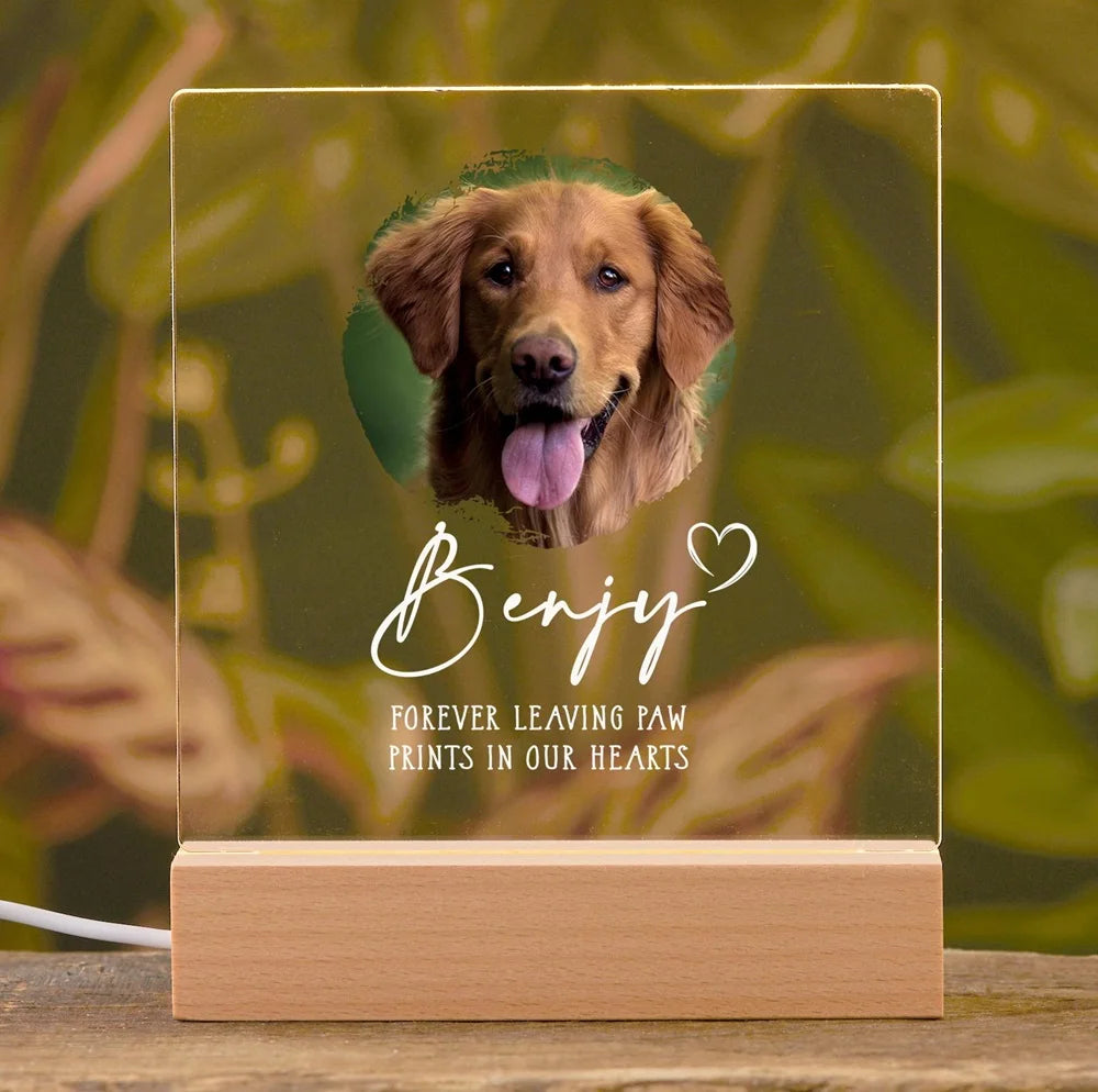 Custom Pet Memorial Photo Plaque – Acrylic Frame with Wooden Base