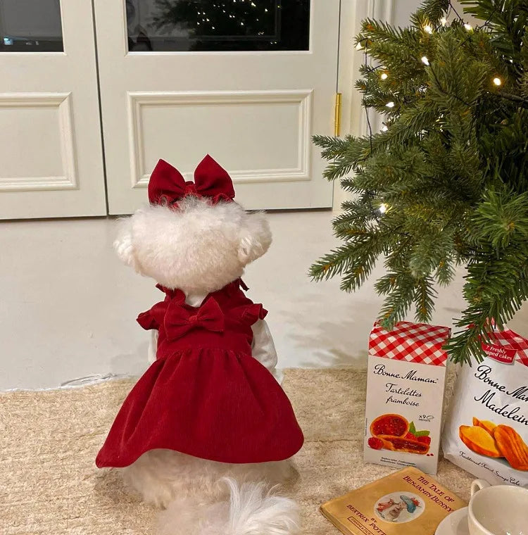 Winter Puppy Princess Dress – Warm Bow Knot Dog Dress Set with Hair Clip