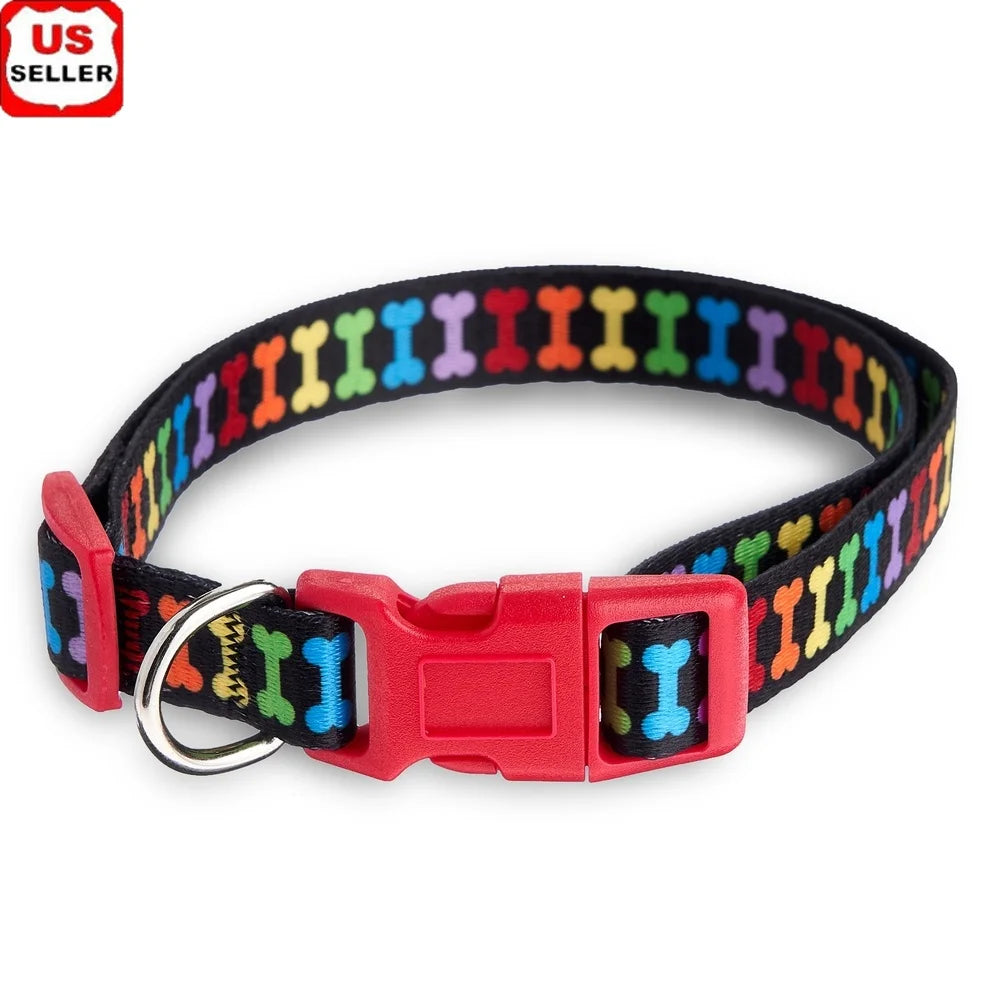 Multicolored Bone Print Dog Collar – Adjustable Medium Size Polyester Collar with Leash Attachment