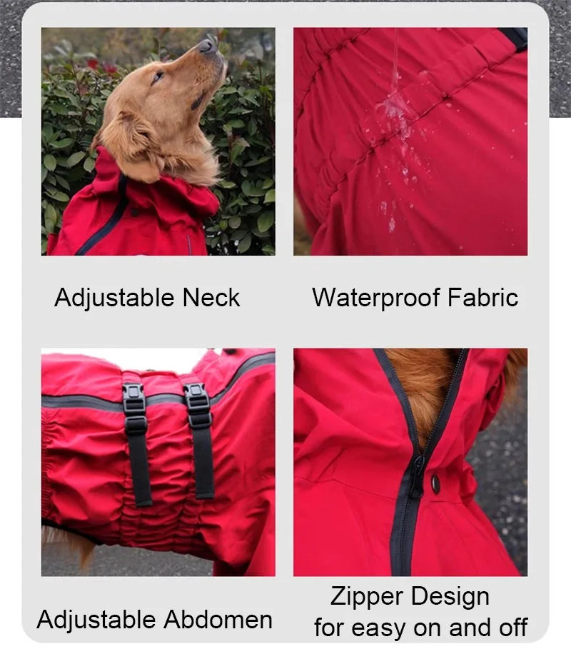 Waterproof Reflective Dog Raincoat – Red All-Weather Jacket for Large Dogs