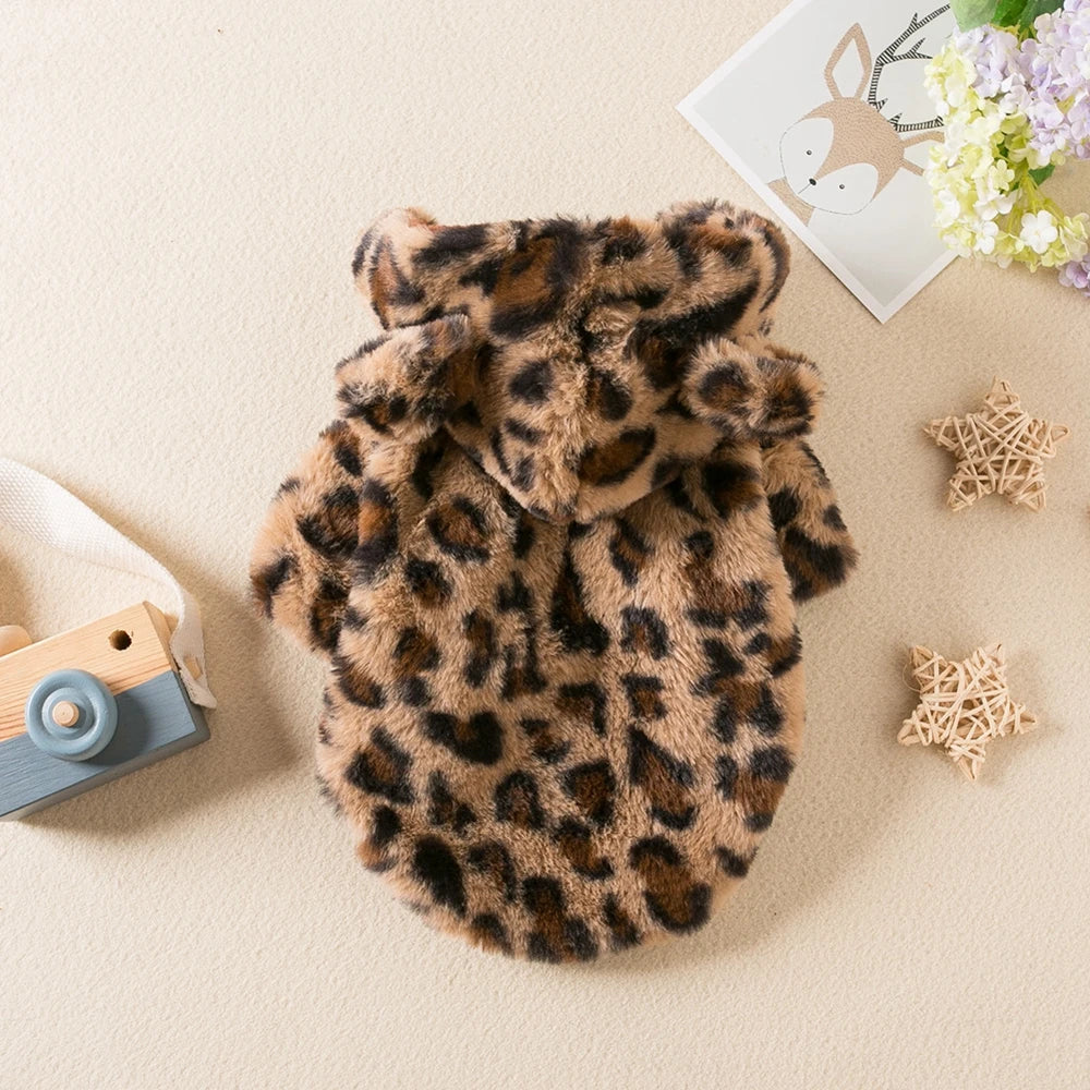 Leopard Fleece Dog Hoodie – Warm Winter Coat for Small Dogs