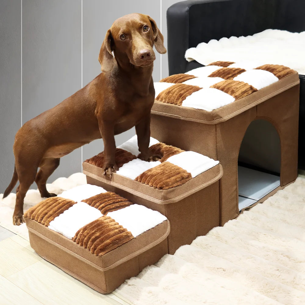 3-Step Folding Dog Stairs with Storage & Condo Bed – Handcrafted Design for High Beds & Sofas