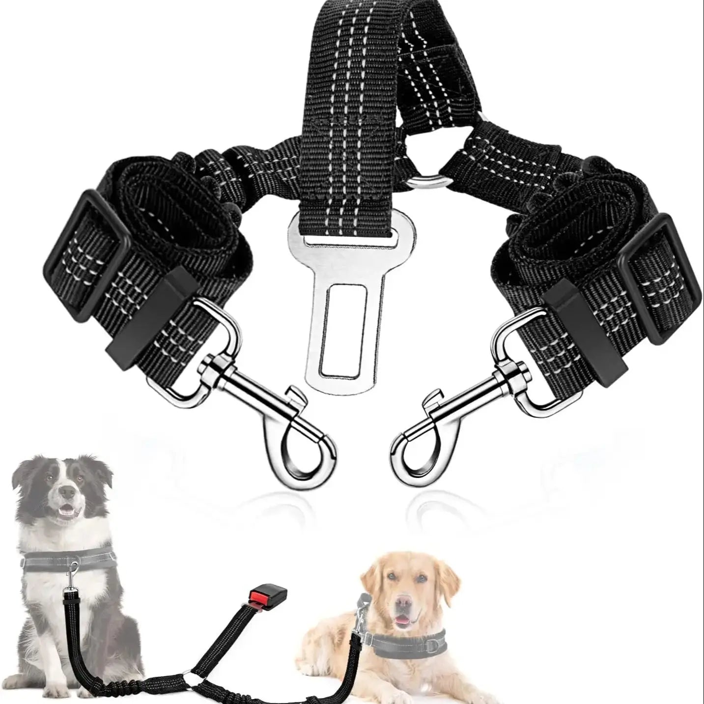 Double Dog Seat Belt – Adjustable Y-Shape Vehicle Safety Leash with Elastic Bungee & Reflective No-Tangle Design