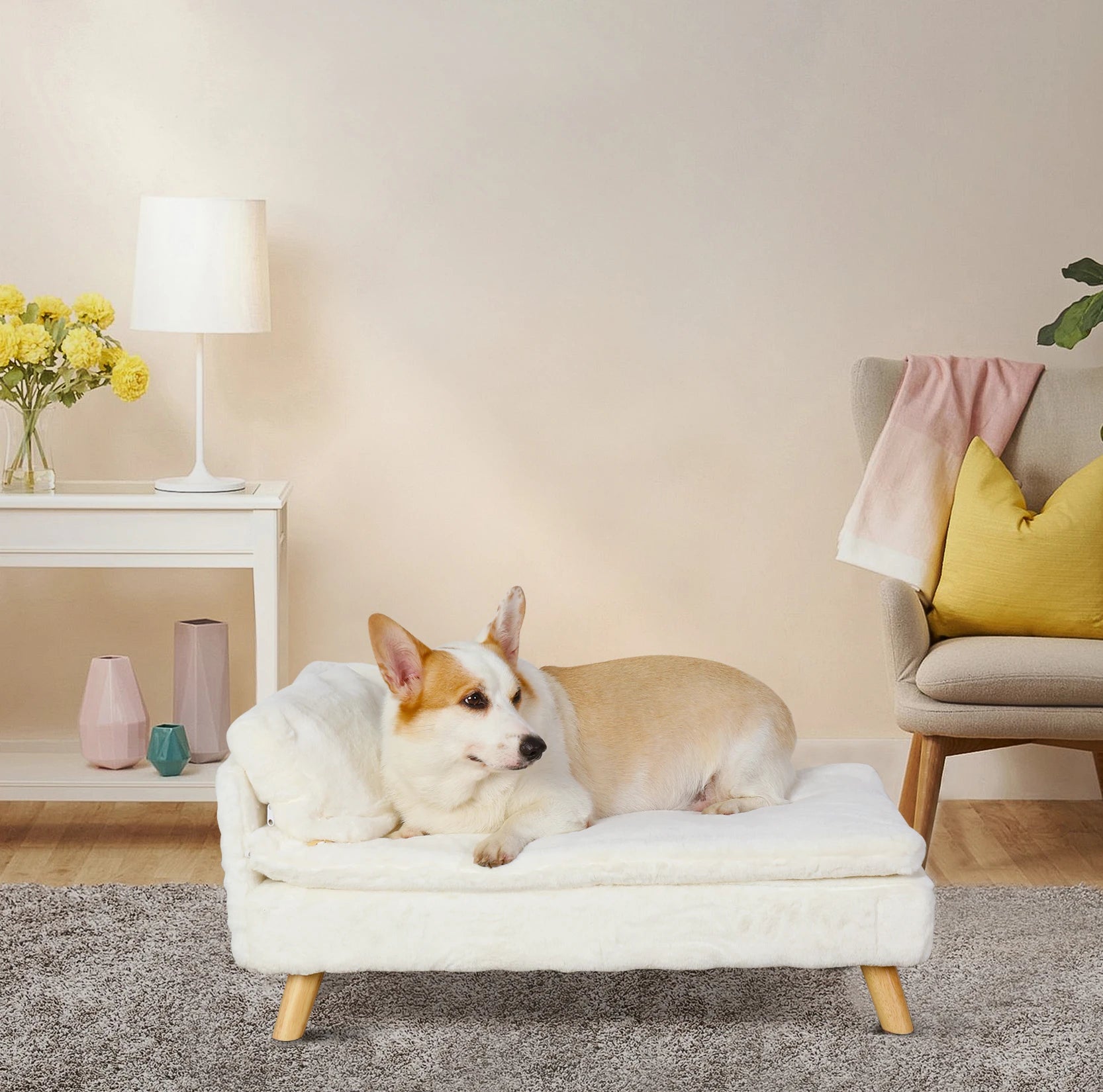 Nordic Elevated Pet Bed – Wooden Leg Pet Sofa with Waterproof Cozy Pad