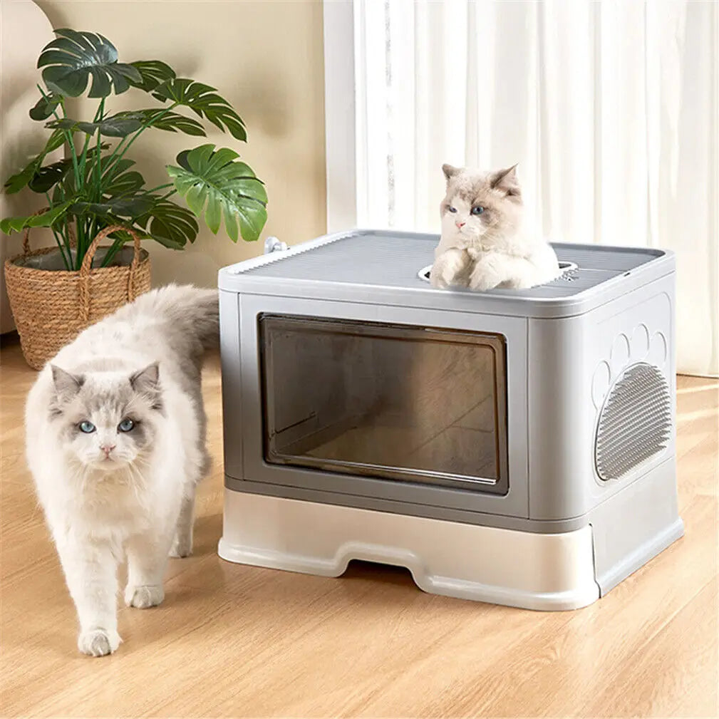 Foldable Enclosed Cat Litter Box – Front Entry & Top Exit Design with Massager, Litter Scoop & Space-Saving Foldable Structure