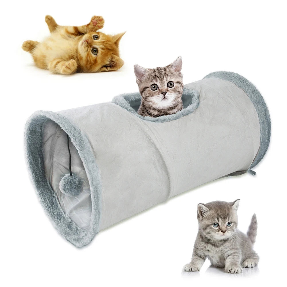 Plush Foldable Cat Tunnel – Warm Winter Play Tube with Hanging Ball for Cats, Kittens, Puppies & Small Pets