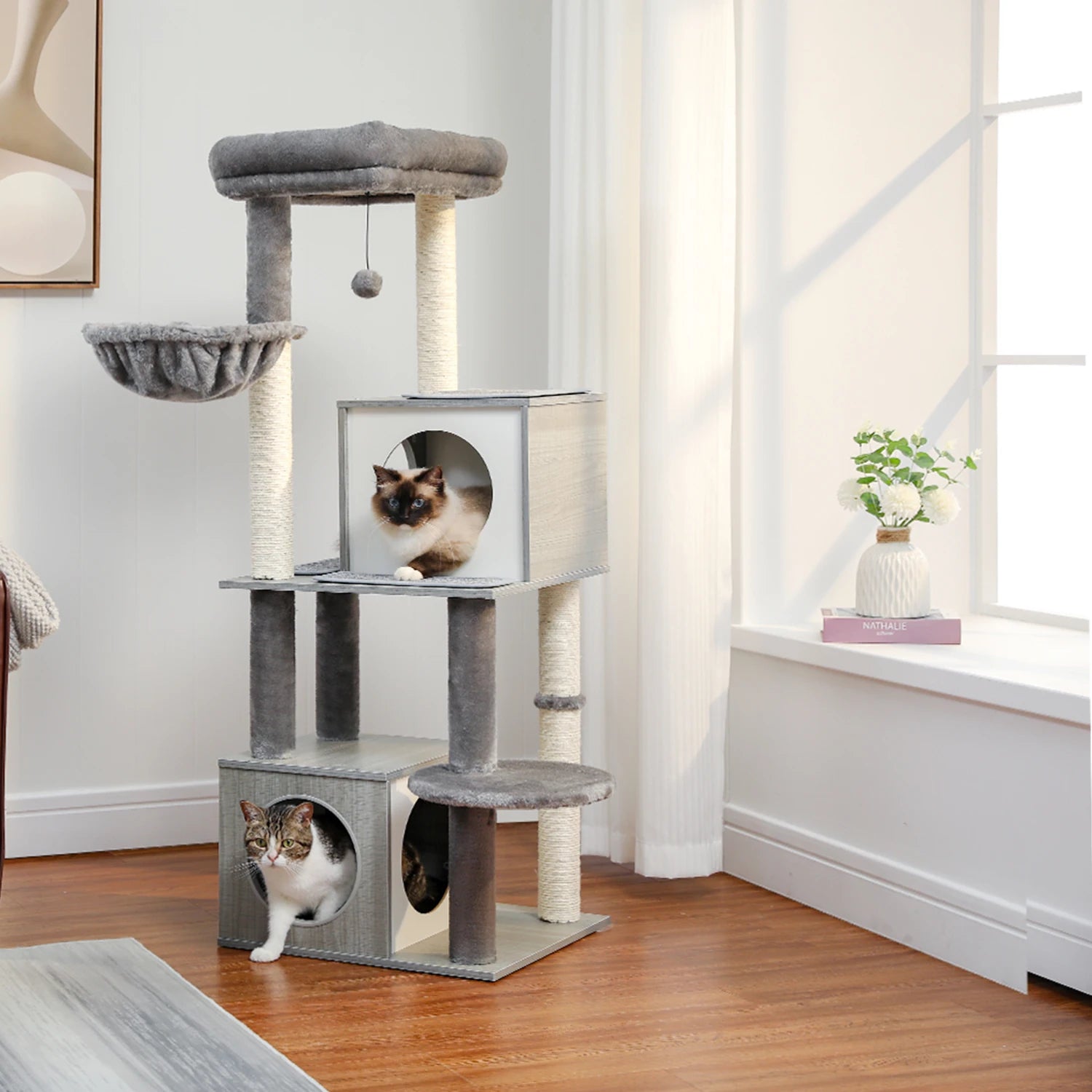 130cm Cat Tree Tower – Wooden Indoor Cat Condo with Hammock & Perches