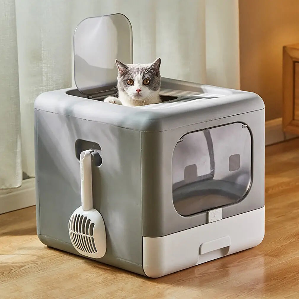Enclosed Foldable Cat Litter Box with Scoop & Tray – Sifting, Detachable Design with Top & Front Entry for Easy Cleaning