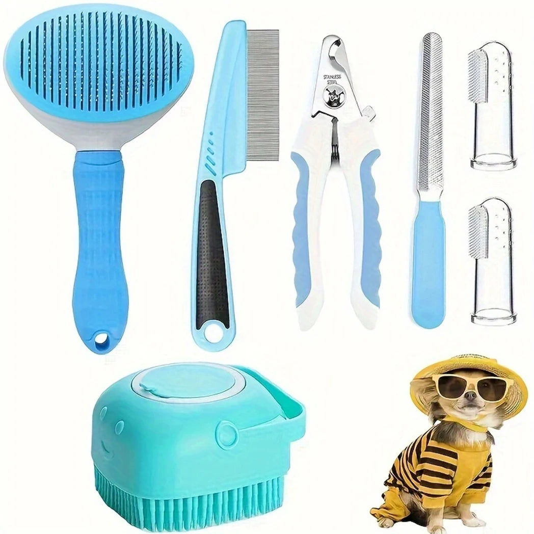 7-Pack Pet Grooming Set – Dog & Cat Care Kit with Hair Removal Comb, Flea Comb, Shampoo Brush, Nail Clippers & Toothbrushes