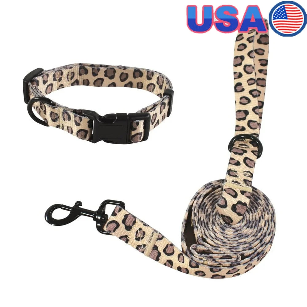 Adjustable Pet Collar and Leash Set Dogs Cats Dual Handle Leash 5.5ft Nylon D Ring Comfortable Fit Pets Up to 75lbs