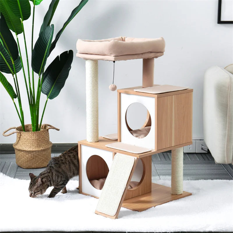 130cm Cat Tree Tower – Wooden Indoor Cat Condo with Hammock & Perches