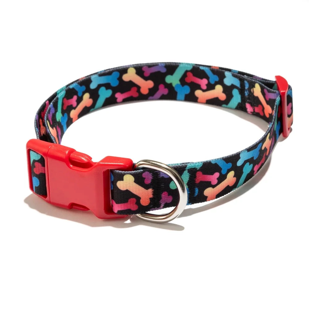 Multicolored Adjustable Dog Collar with Bone Print – Durable & Comfortable for Large Dogs