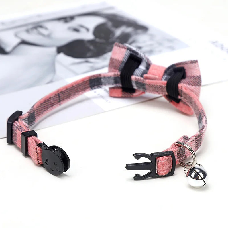 Plaid Breakaway Cat Collar with Bow Tie & Bell – Adjustable Holiday Pet Collar for Cats & Small Dogs