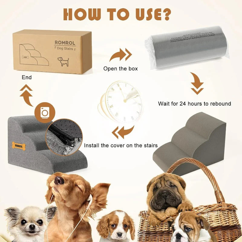 Rompol 3-Step Fabric Dog Steps – Stable, Easy-to-Climb Design in Gray