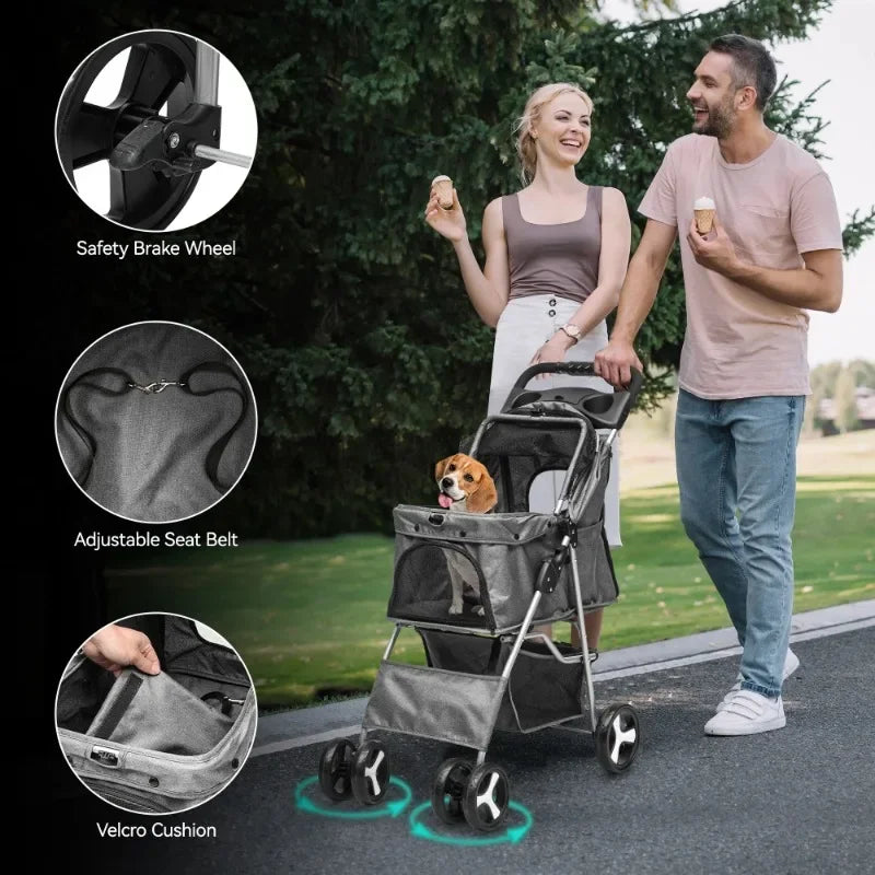 Foldable Dog Stroller for Small & Medium Pets – 360° Swivel Wheels & Storage Basket