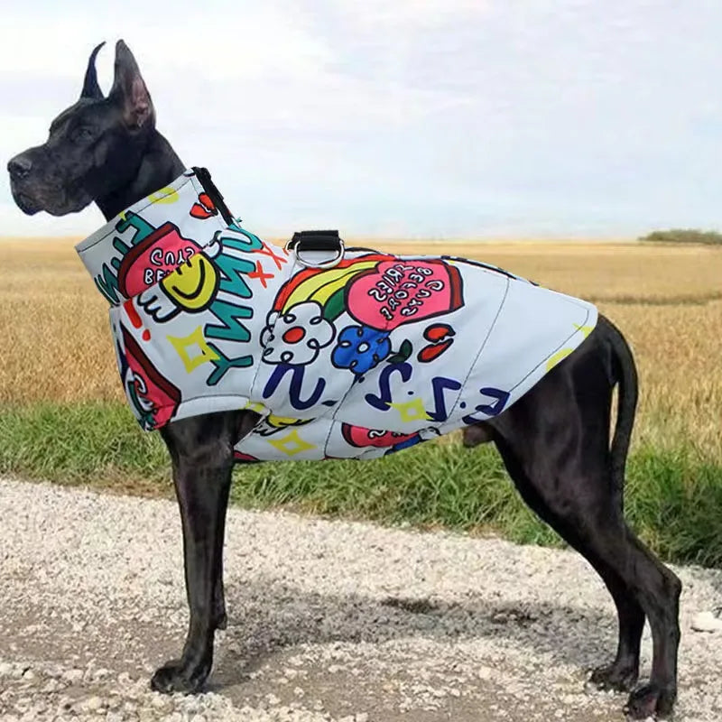 Fashion Waterproof Dog Jacket – Warm Winter Coat with Harness Buckle for Large Dogs