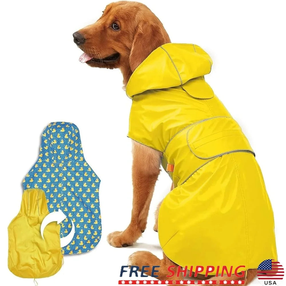 Reversible Waterproof Dog Raincoat with Hood – Adjustable Slicker Poncho with Leash Hole and Reflective Stripe for All-Weather Protection