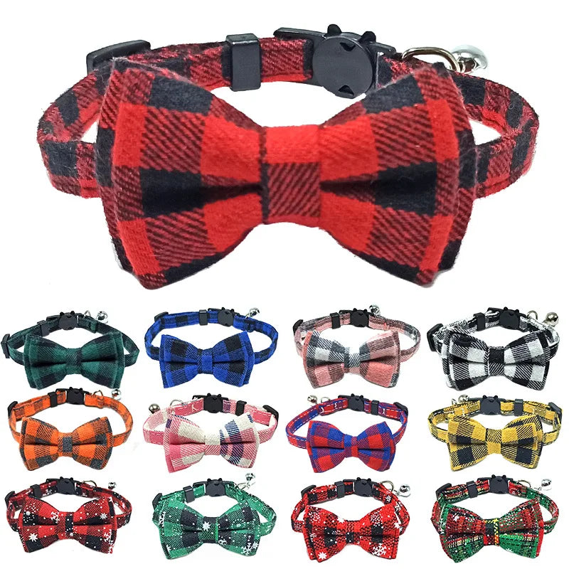 Plaid Breakaway Cat Collar with Bow Tie & Bell – Adjustable Holiday Pet Collar for Cats & Small Dogs