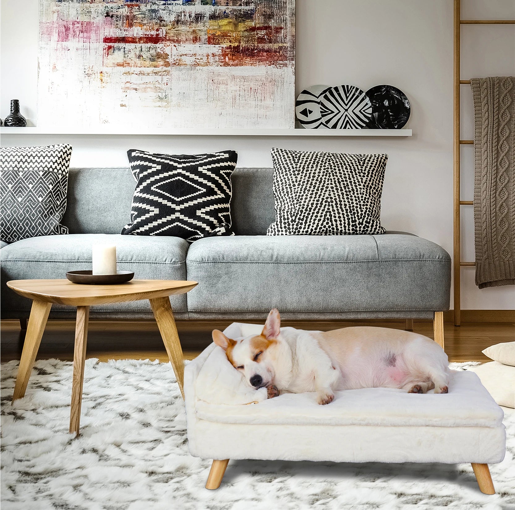Nordic Elevated Pet Bed – Wooden Leg Pet Sofa with Waterproof Cozy Pad