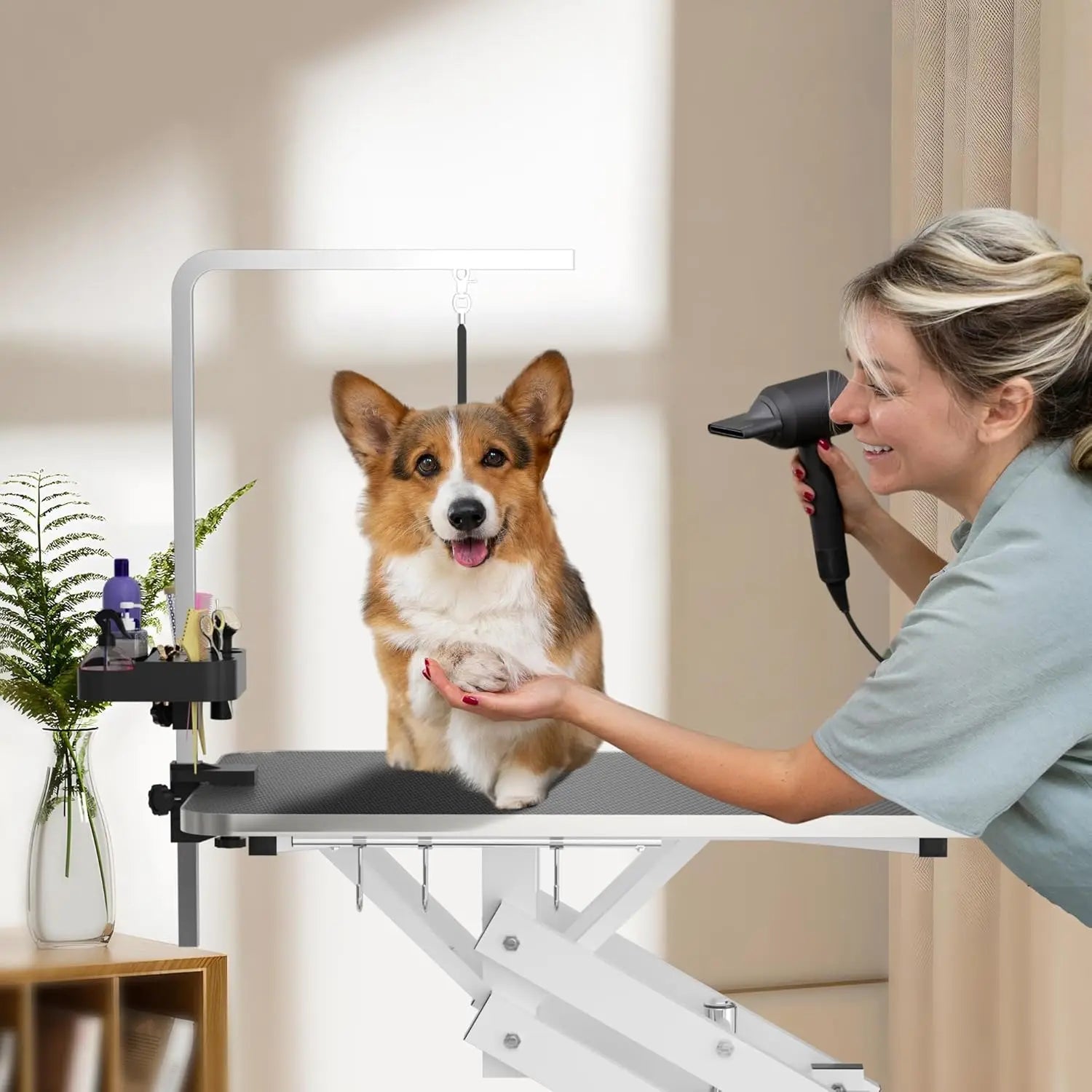 Hydraulic Pet Grooming Table with Z-Lift Base – Heavy-Duty Dog Grooming Station w/ Anti-Static Tabletop, Armrest & Leash Cover (330 lbs Capacity)