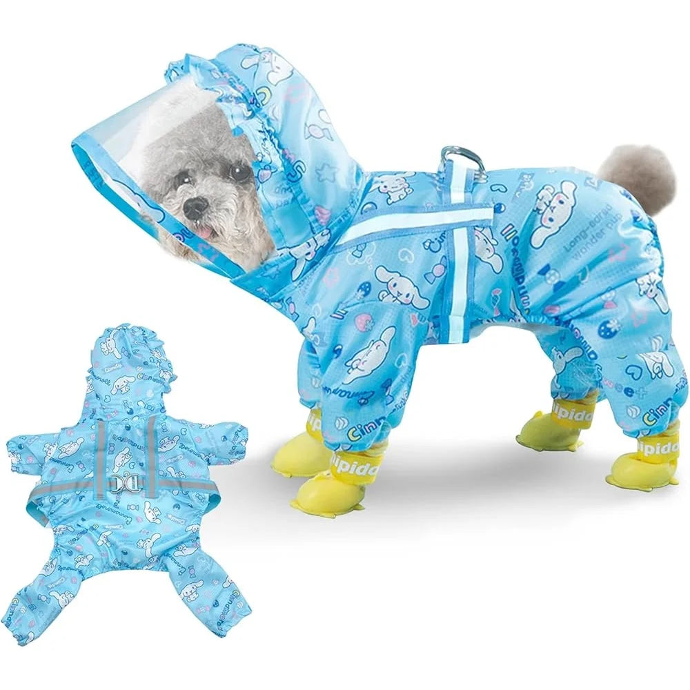 Waterproof Dog Raincoat – Adjustable 4-Legged Rain Jacket with Hood, Leash Hole, and Reflective Trim for Outdoor Use