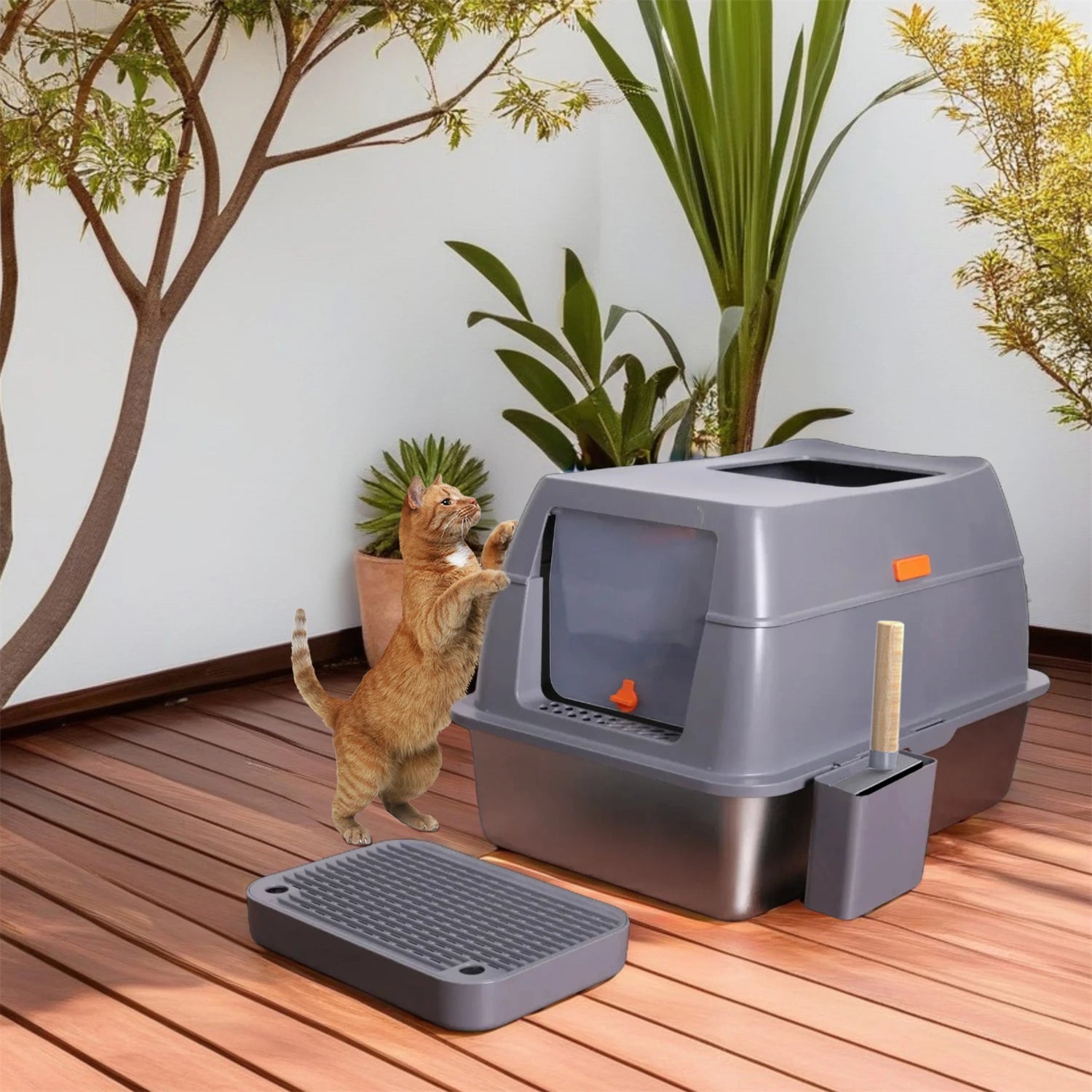Enclosed Stainless Steel Cat Litter Box with Lid – Extra Large Metal Litter Pan Tray with High Walls for Big Cats