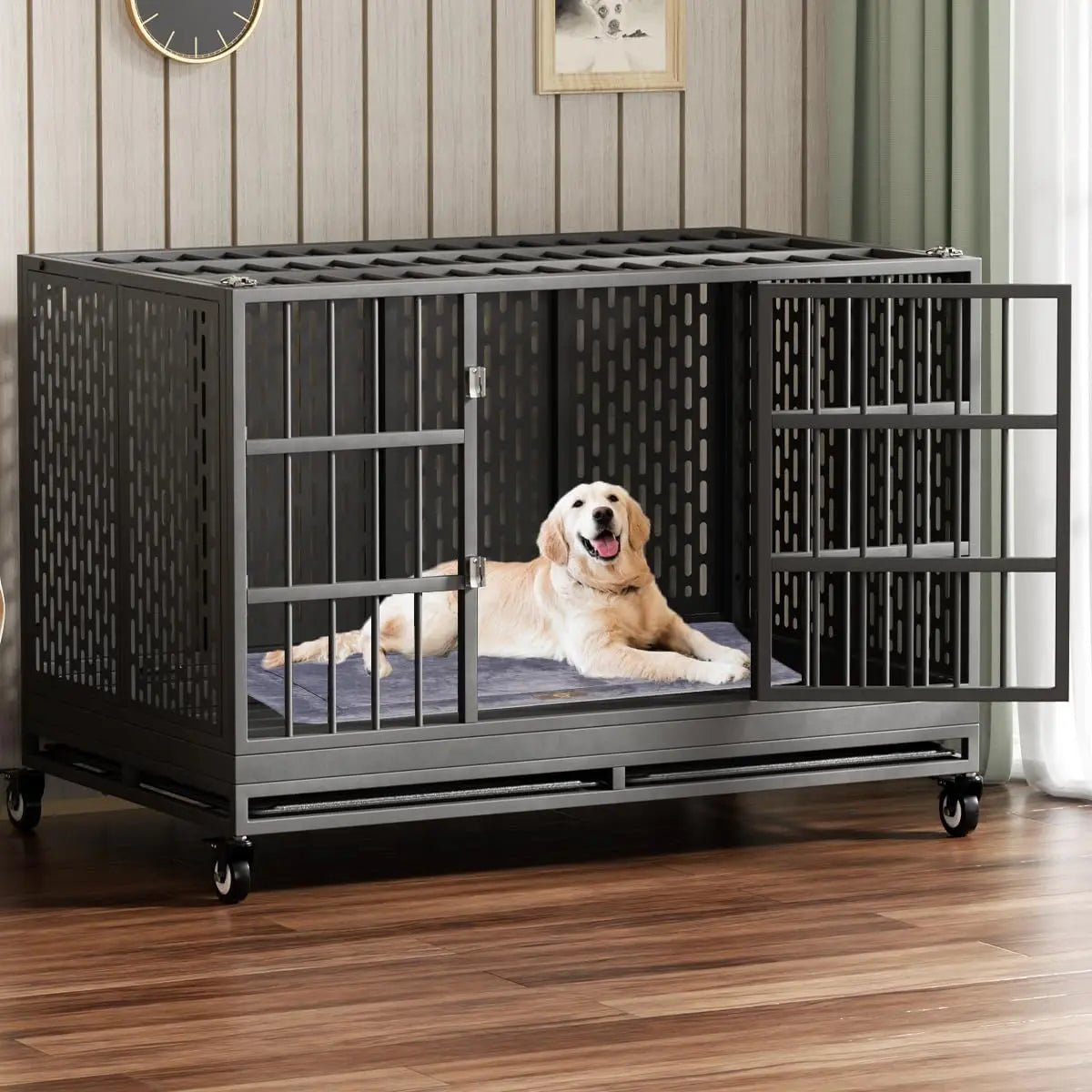 48" Heavy Duty Folding Dog Crate with Wheels – XL Metal Cage for Large Dogs