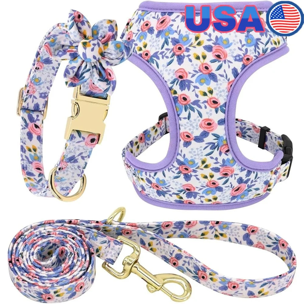 Cute Floral Dog Harness Leash Collar Set – Adjustable Soft Mesh Pet Vest for Puppies and Small Dogs