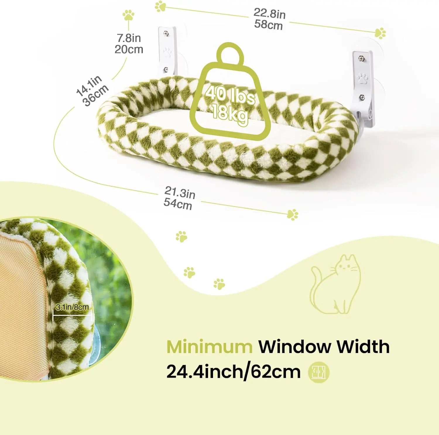 Mewoofun Foldable Cat Window Perch – Cordless Cat Hammock with 4 Strong Suction Cups & Removable Soft Cover (White, Brown, Green)