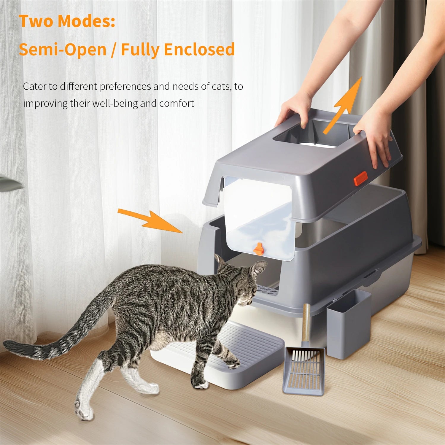 Enclosed Stainless Steel Cat Litter Box with Lid – Extra Large Metal Litter Pan Tray with High Walls for Big Cats