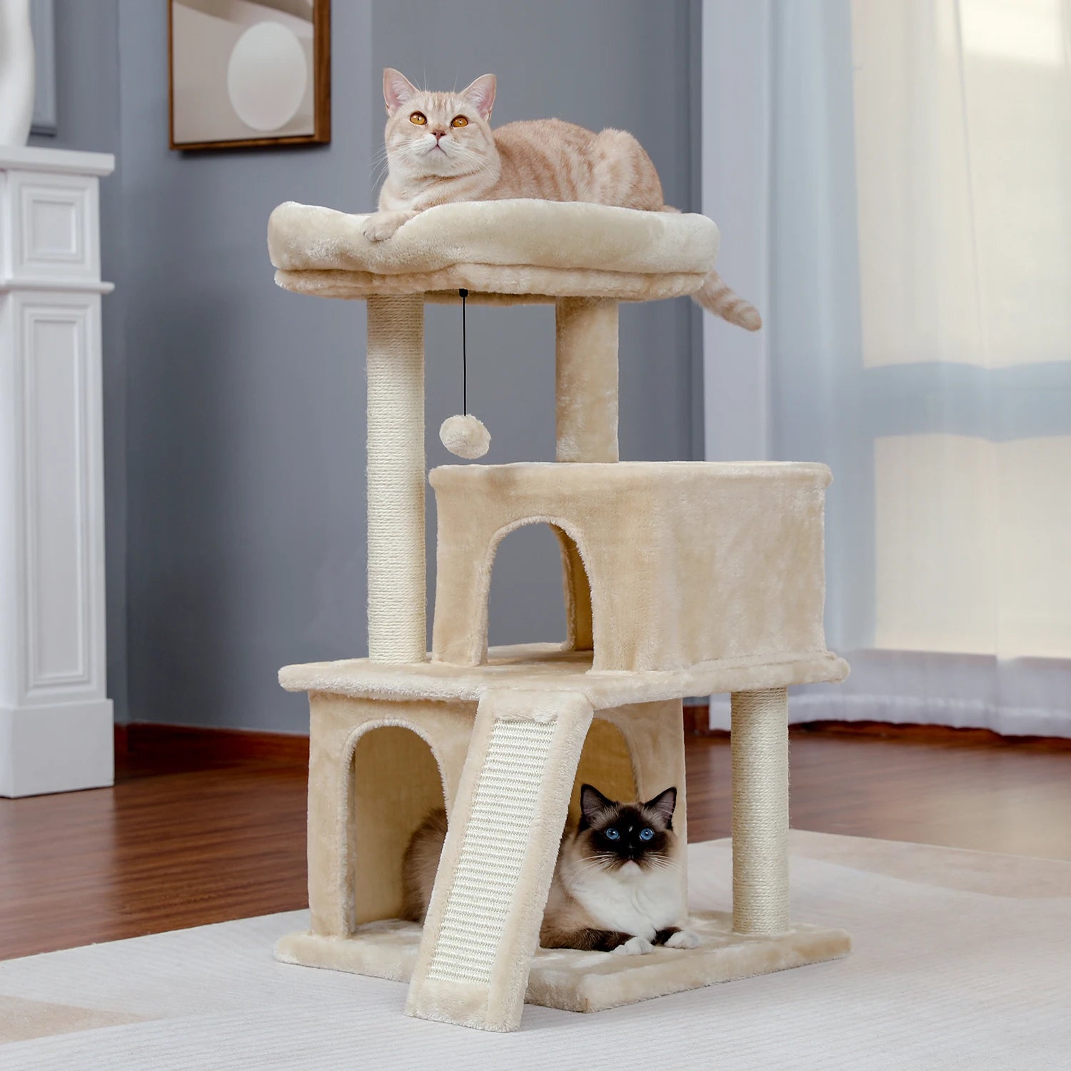 Wooden Cat Tower – Double Condos with Scratching Posts & Perches