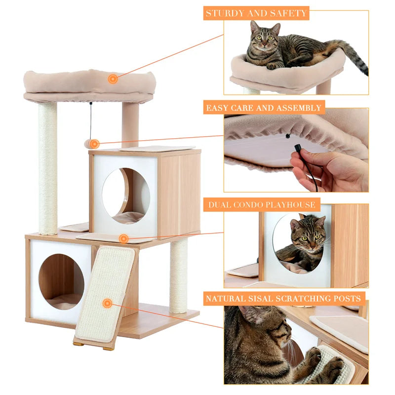Cat Tree House – Double Condo Activity Center with Scratching Posts & Perch