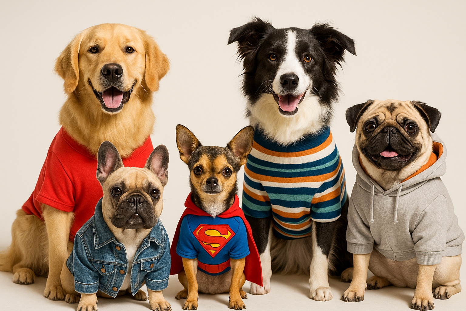 A group of dogs of different variety each wearing t shirts, jackets, and costumes