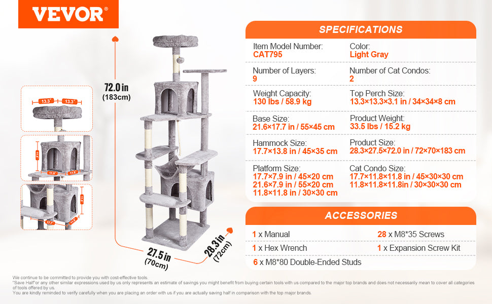 VEVOR 45.2" Cat Tree Tower – Multi-Level Cat Condo with Hammock, Top Perch & Sisal Scratching Posts (Dark Grey)