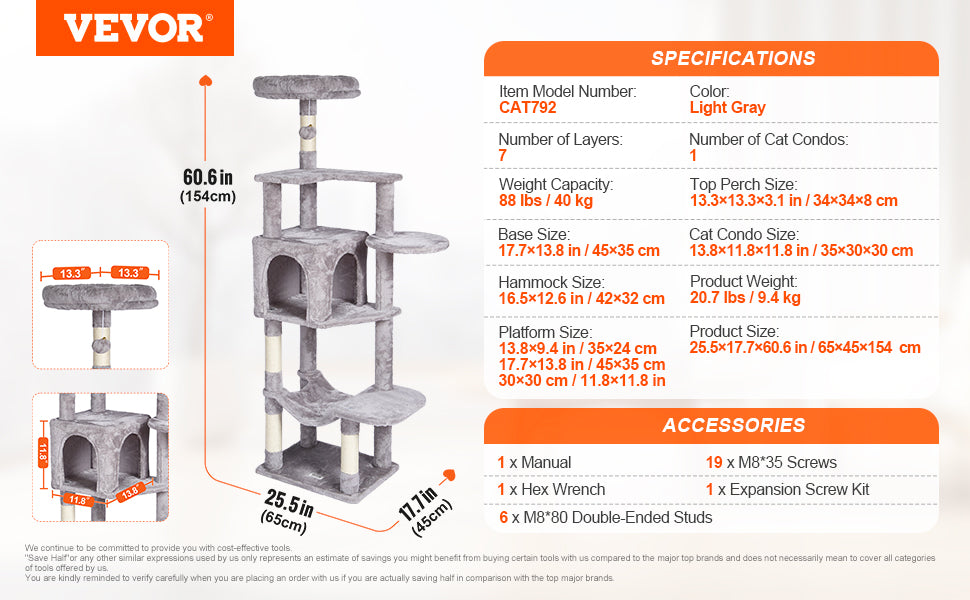 VEVOR 45.2" Cat Tree Tower – Multi-Level Cat Condo with Hammock, Top Perch & Sisal Scratching Posts (Dark Grey)