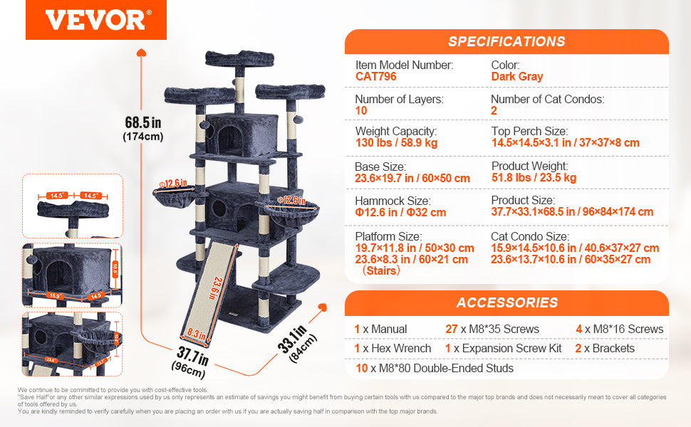 VEVOR 45.2" Cat Tree Tower – Multi-Level Cat Condo with Hammock, Top Perch & Sisal Scratching Posts (Dark Grey)