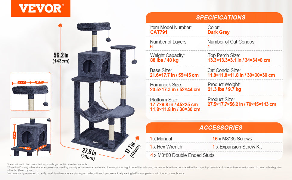 VEVOR 45.2" Cat Tree Tower – Multi-Level Cat Condo with Hammock, Top Perch & Sisal Scratching Posts (Dark Grey)