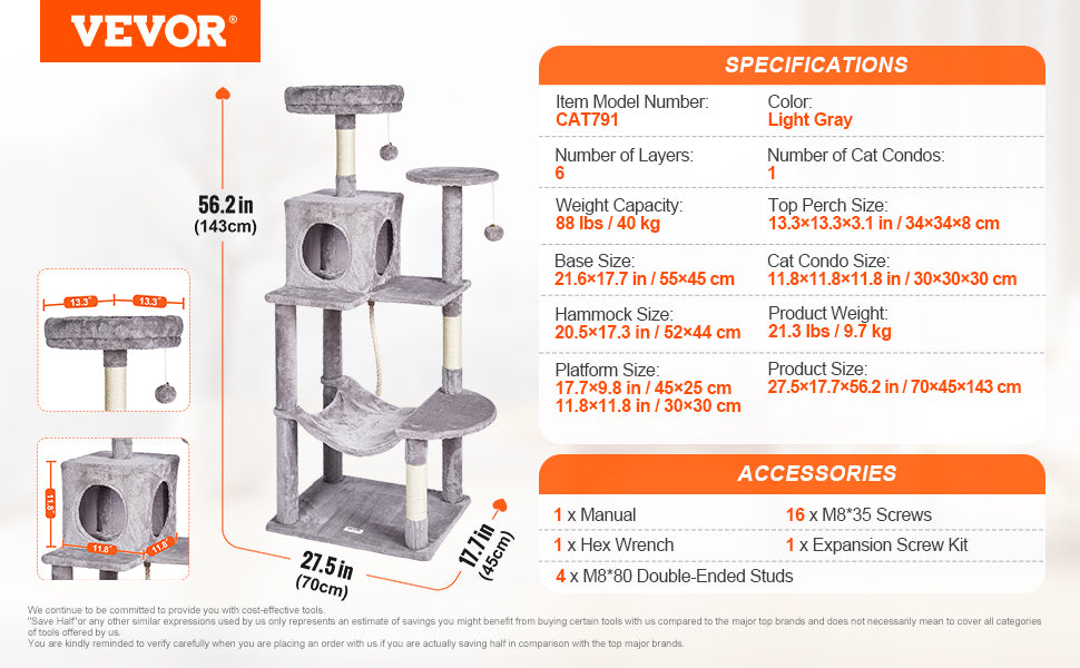 VEVOR 45.2" Cat Tree Tower – Multi-Level Cat Condo with Hammock, Top Perch & Sisal Scratching Posts (Dark Grey)