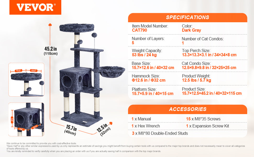 VEVOR 45.2" Cat Tree Tower – Multi-Level Cat Condo with Hammock, Top Perch & Sisal Scratching Posts (Dark Grey)