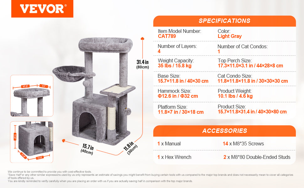 VEVOR 45.2" Cat Tree Tower – Multi-Level Cat Condo with Hammock, Top Perch & Sisal Scratching Posts (Dark Grey)