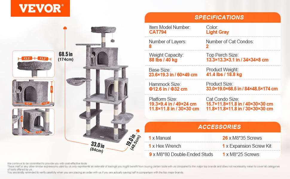 VEVOR 45.2" Cat Tree Tower – Multi-Level Cat Condo with Hammock, Top Perch & Sisal Scratching Posts (Dark Grey)