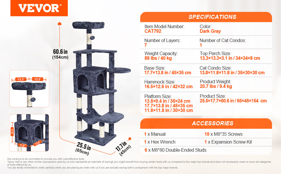 VEVOR 45.2" Cat Tree Tower – Multi-Level Cat Condo with Hammock, Top Perch & Sisal Scratching Posts (Dark Grey)