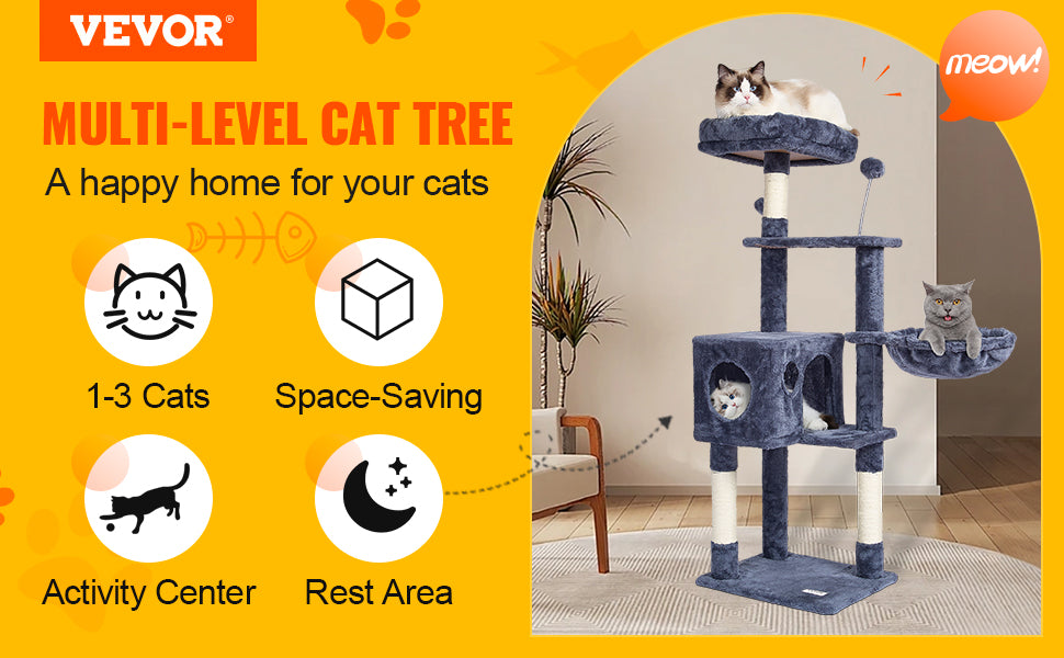 VEVOR 45.2" Cat Tree Tower – Multi-Level Cat Condo with Hammock, Top Perch & Sisal Scratching Posts (Dark Grey)