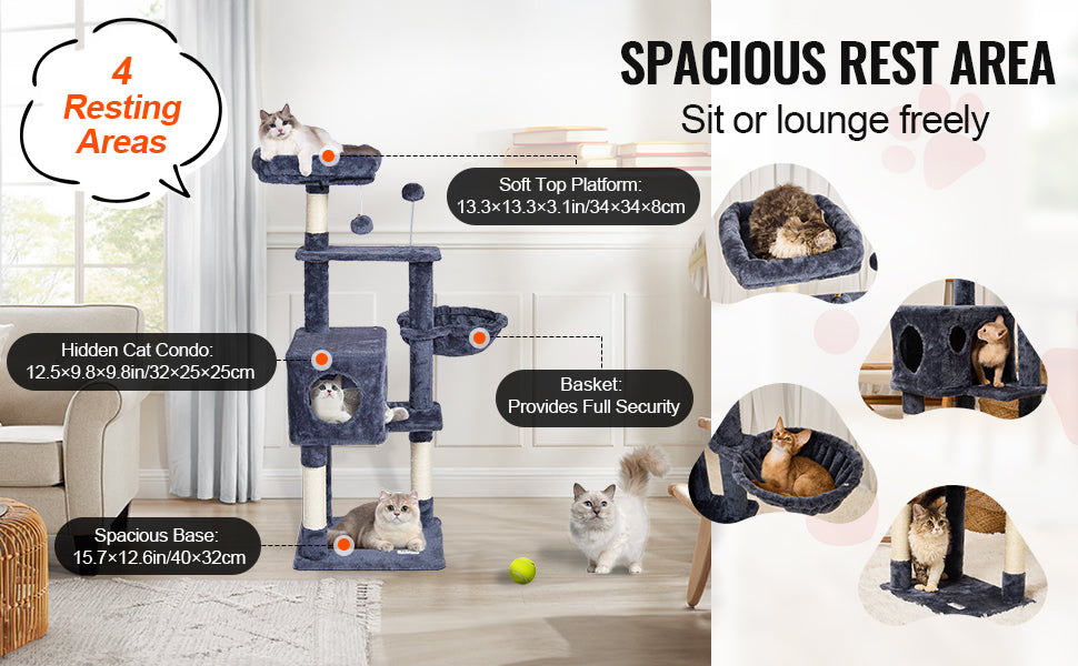 VEVOR 45.2" Cat Tree Tower – Multi-Level Cat Condo with Hammock, Top Perch & Sisal Scratching Posts (Dark Grey)