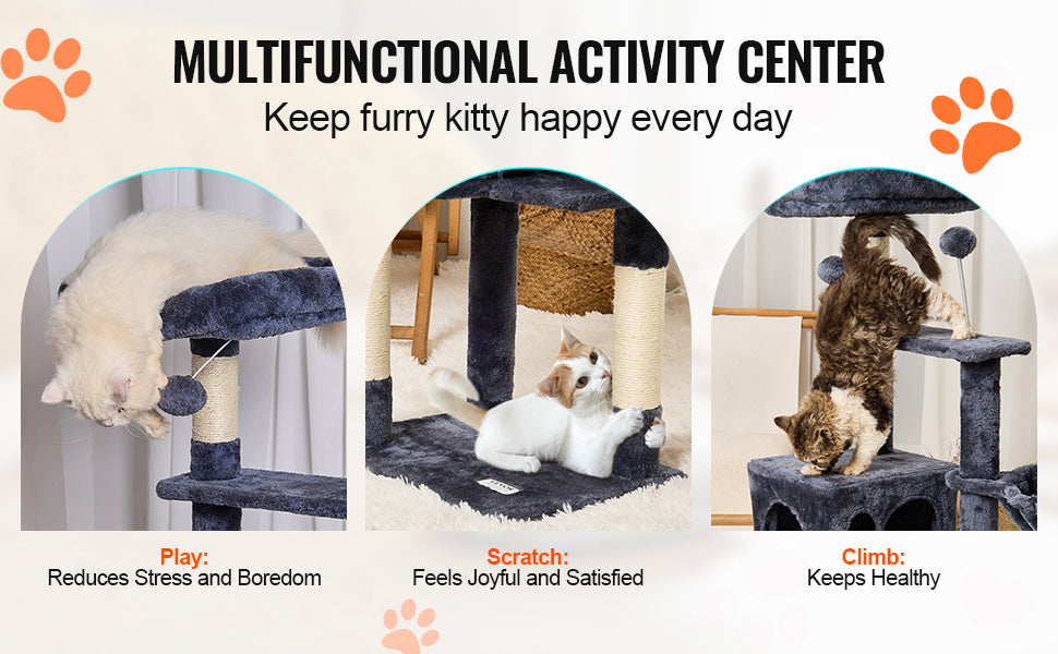 VEVOR 45.2" Cat Tree Tower – Multi-Level Cat Condo with Hammock, Top Perch & Sisal Scratching Posts (Dark Grey)