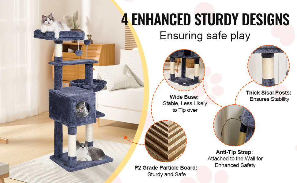 VEVOR 45.2" Cat Tree Tower – Multi-Level Cat Condo with Hammock, Top Perch & Sisal Scratching Posts (Dark Grey)