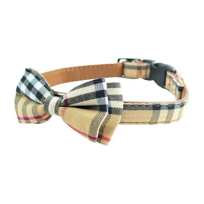 Beige Plaid Pet Collar Bow Tie