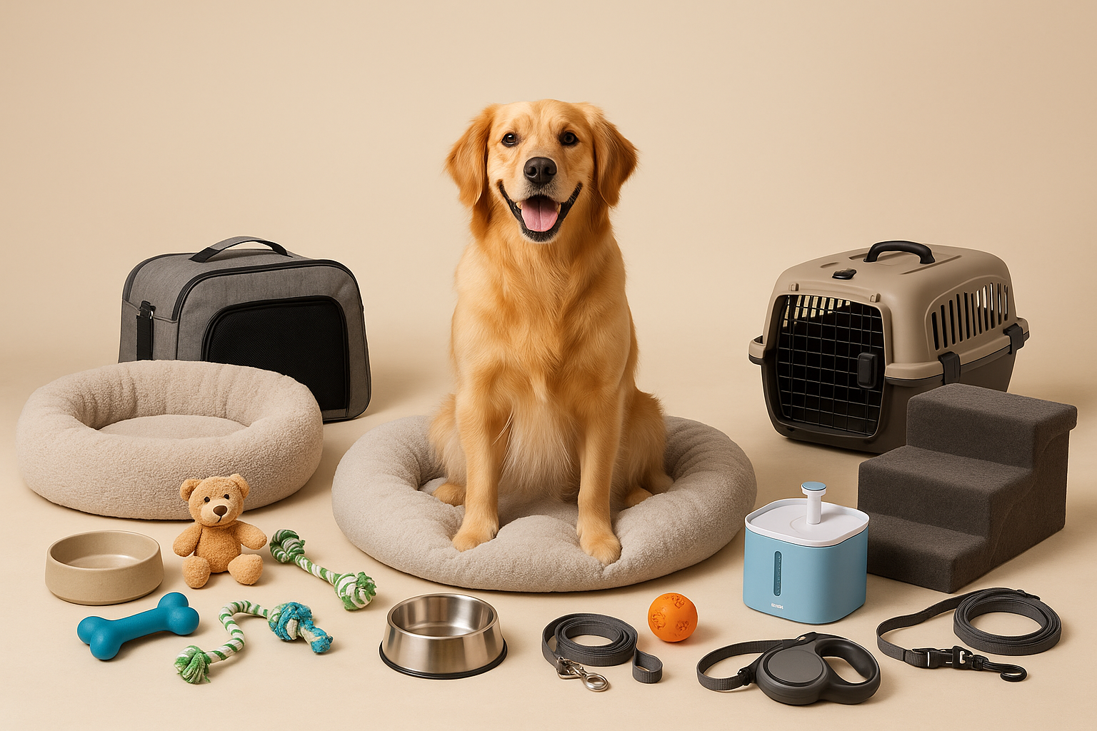 Dog surrounded by dog beds, carriers, water fountains, car stairs, and other accessories