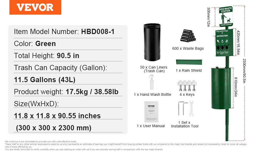 VEVOR Commercial Dog Waste Station with Hand Wash Bottle – Outdoor Pet Waste Disposal System with Bag Dispenser & Trash Can